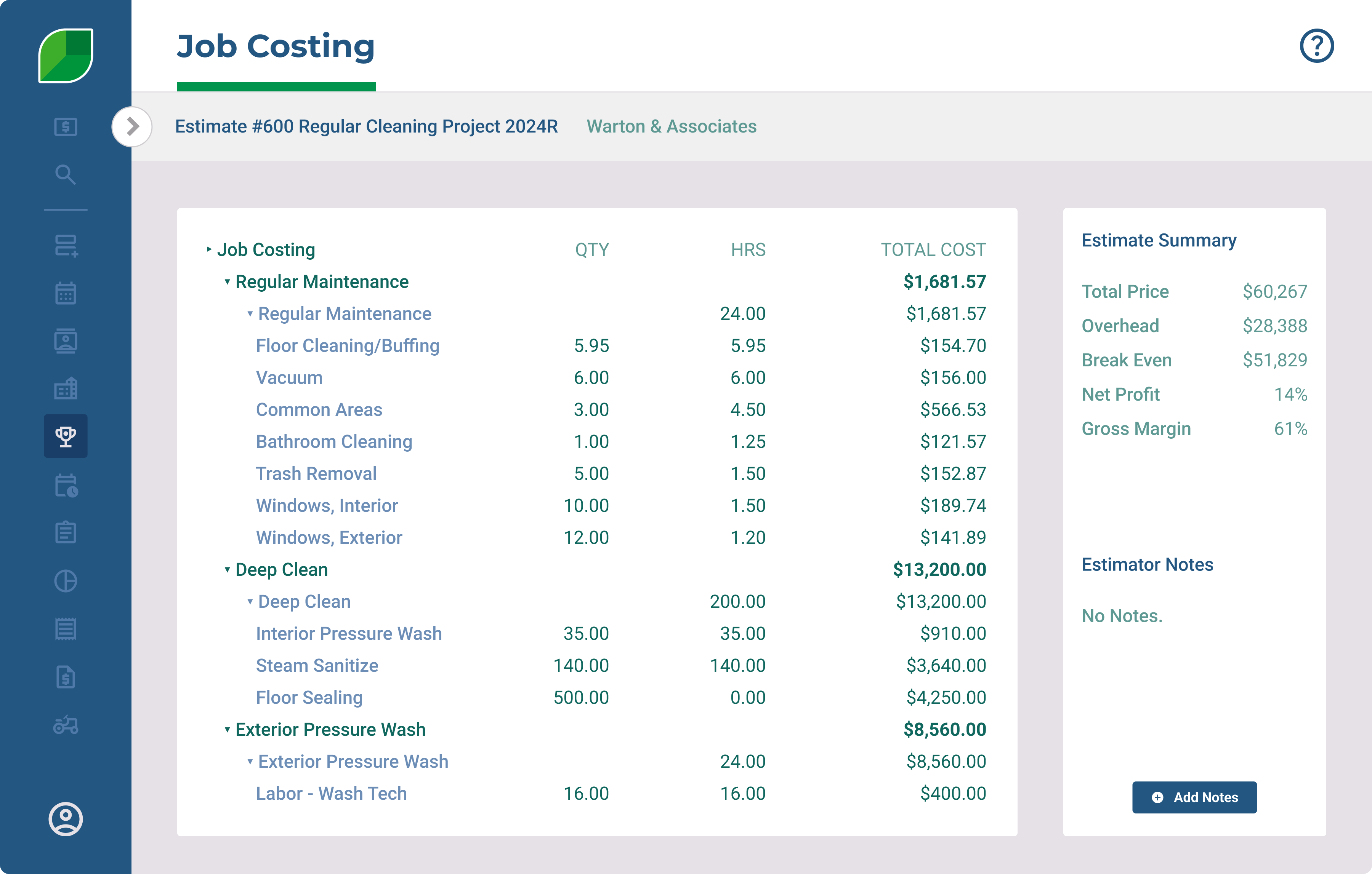 Product Illustration | Job Costing - Estimate #600 Regular Cleaning Project 2024R