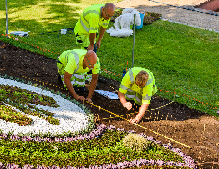 Three landscape crew members working on garden