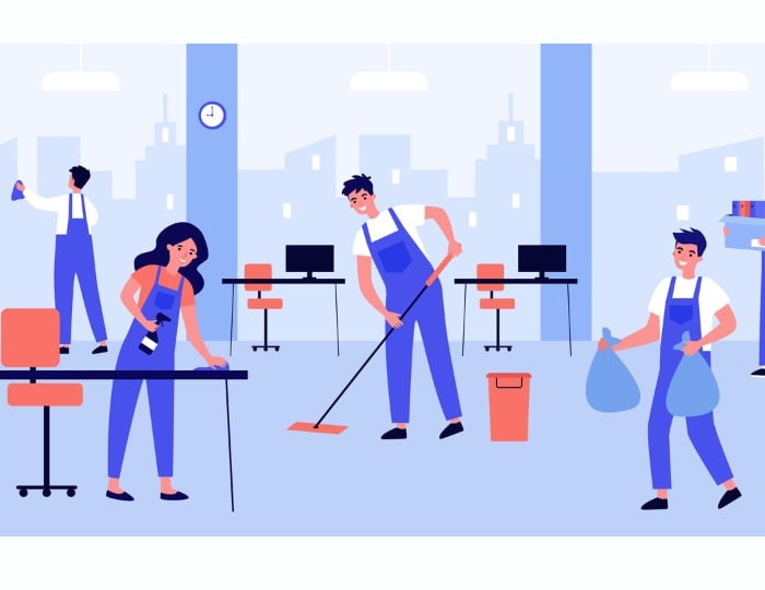cleaning-staff-team-working-in-office-vector-id1263319255